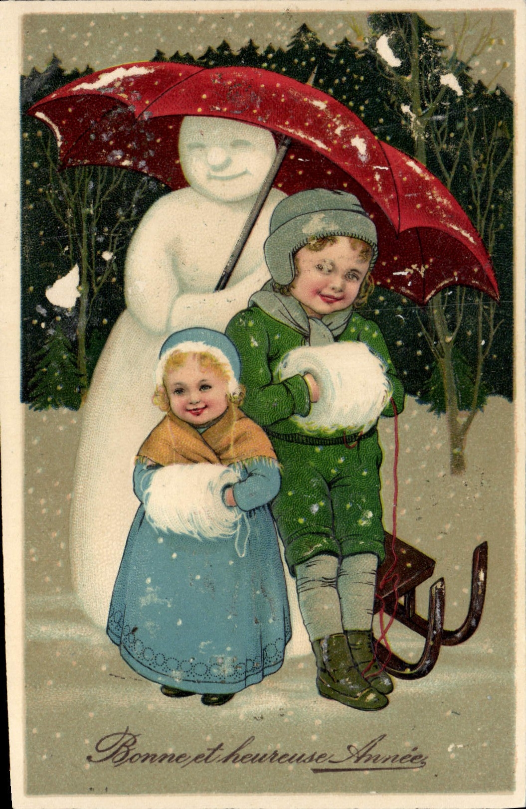 Niños y hombre de nieve bajo un paraguas — PAF Série 7119