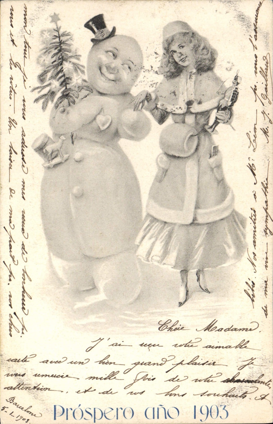 Noël — Snowman et jeune fille — Próspero año 1903, éditeur non identifié