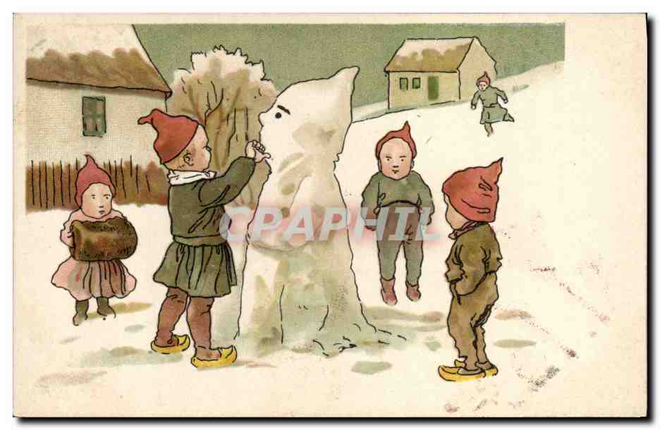 Kinder, die mit einem Schneemann spielen — Illustration — Unbekannter Verlag, Seriennummer nicht sichtbar