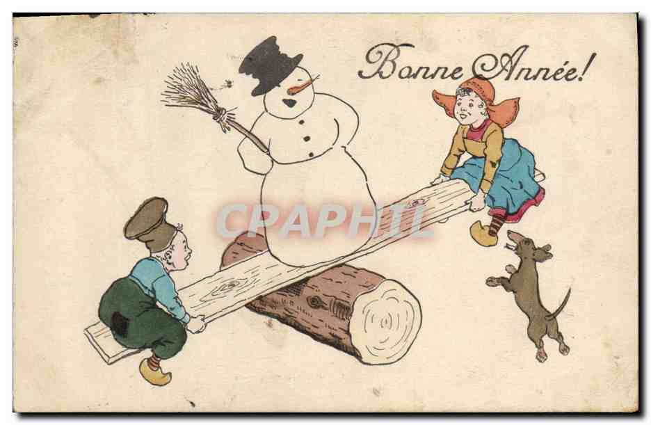 CPA Bonhomme de neige Enfants Chien 