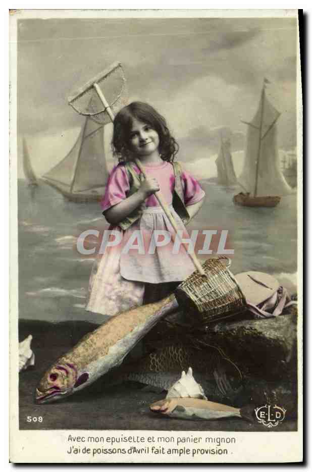 CPA Fantaisie Paques Poisson Enfant Peche Bateau 