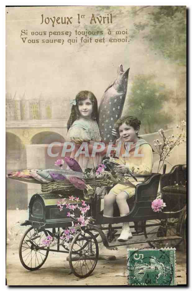 CPA Fantaisie Paques Poisson Enfants Automobile 