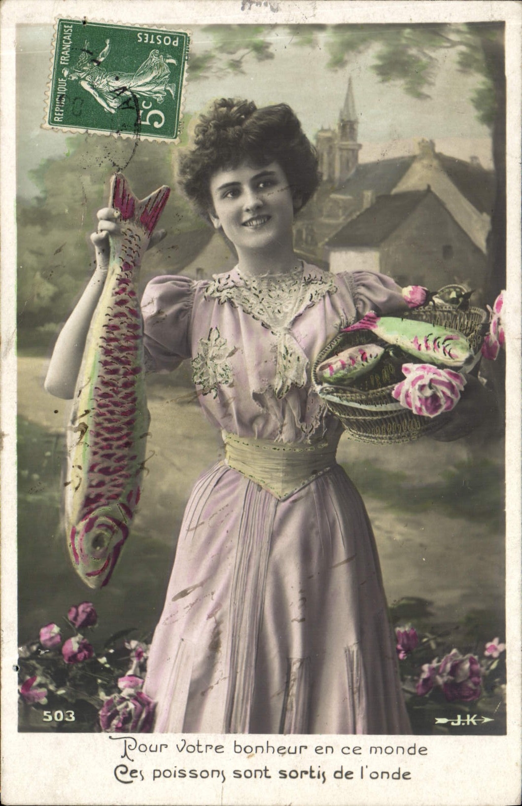 CPA Fantaisie Paques Poisson Femme 