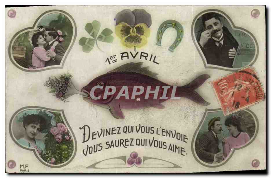 CPA Fantaisie Paques Poisson Femme Fer a cheval