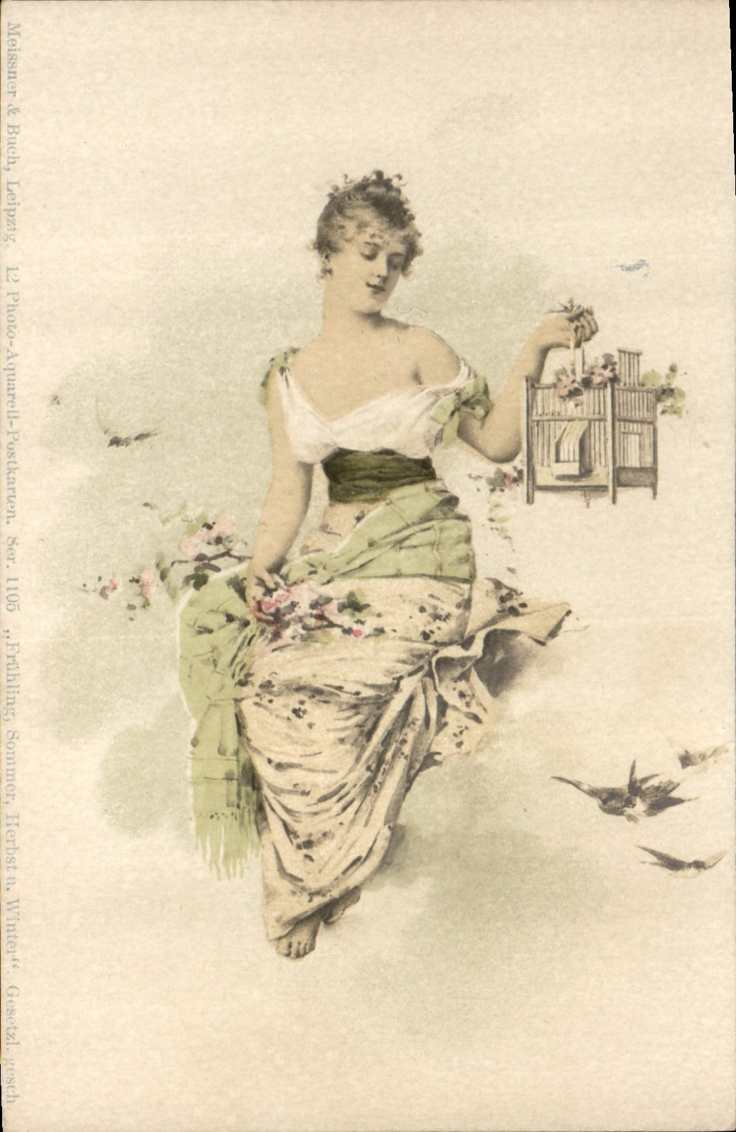 CPA Fantaisie Illustrateur Femme Cage a oiseaux 