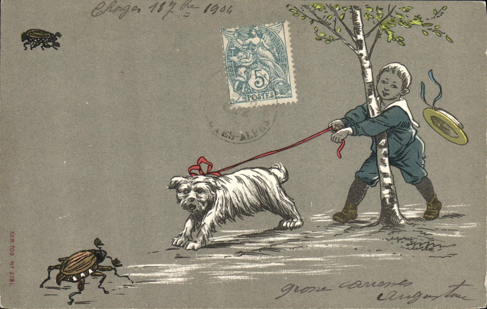 CPA Fantaisie Illustrateur Enfant Chien Insecte 