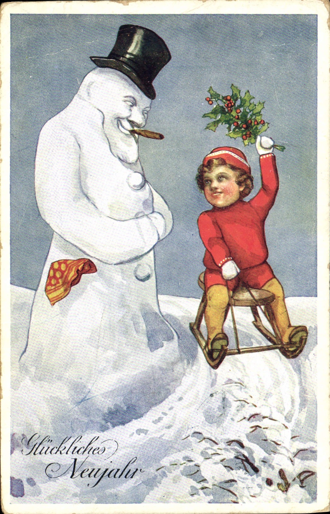 CPA Fantaisie Bonhomme de neige Enfant Luge 