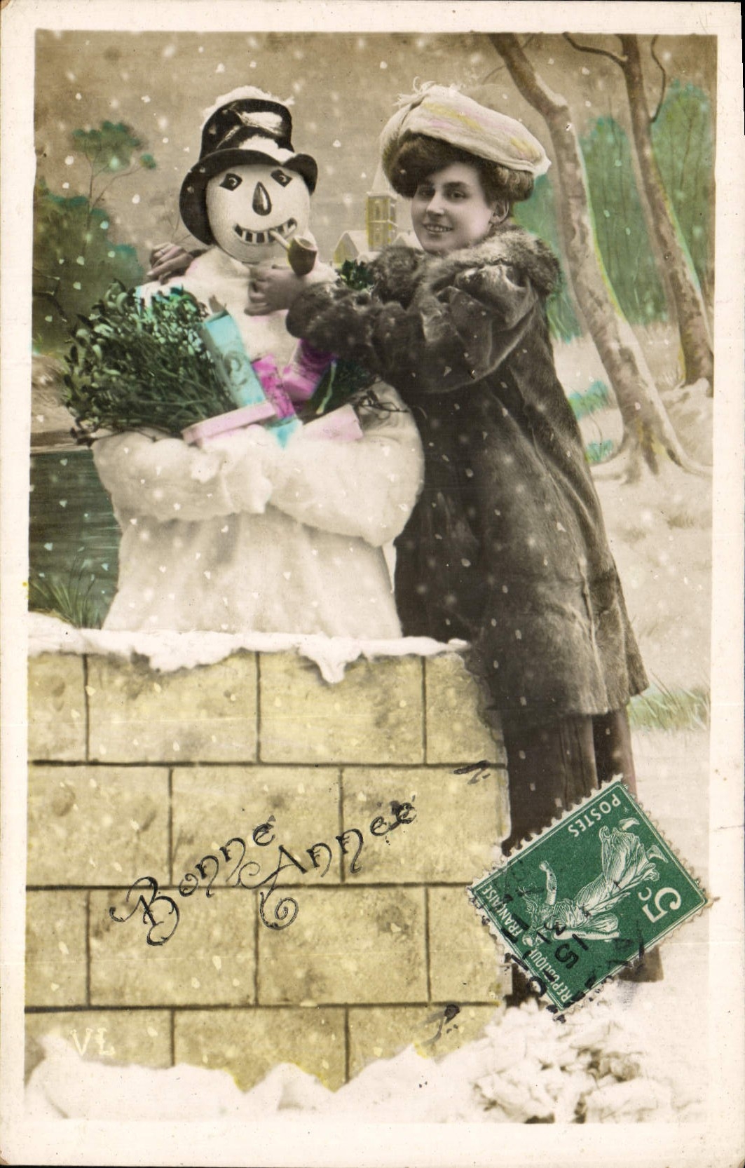 Femme et bonhomme de neige — scène hivernale — éditeur VL