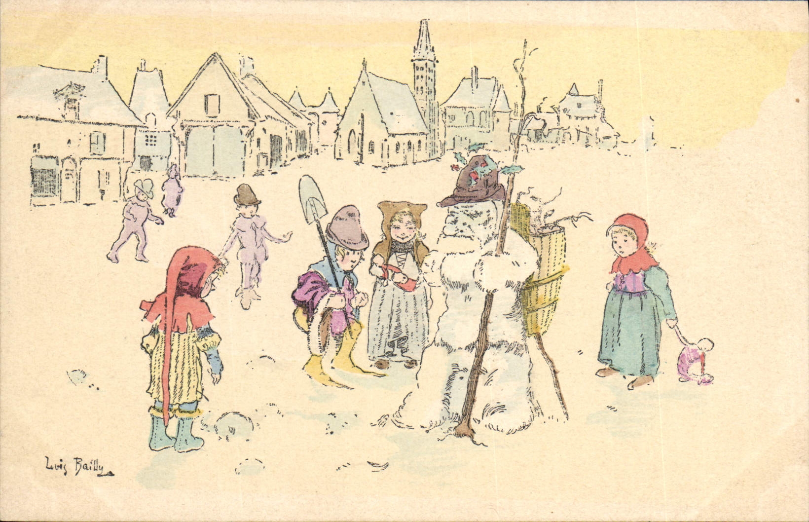 Enfants jouant avec un bonhomme de neige — Louis Bailly