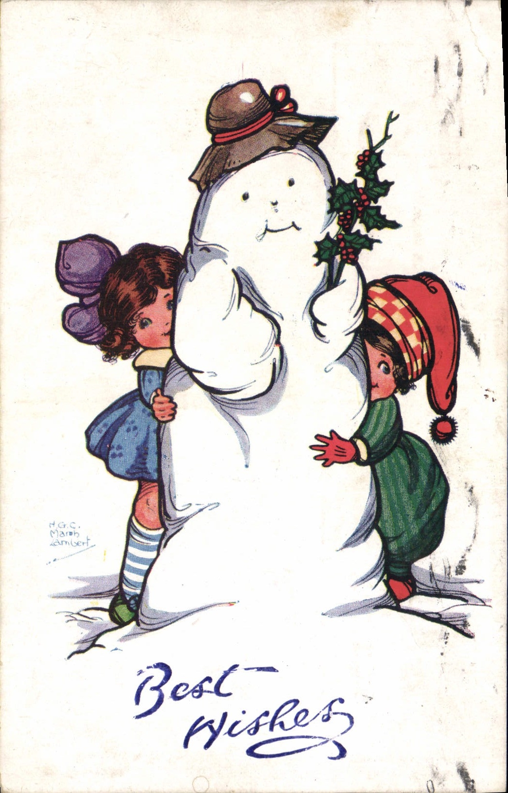 Enfants et bonhomme de neige — Noël — H.G.S. Rambert, Design No. 1561
