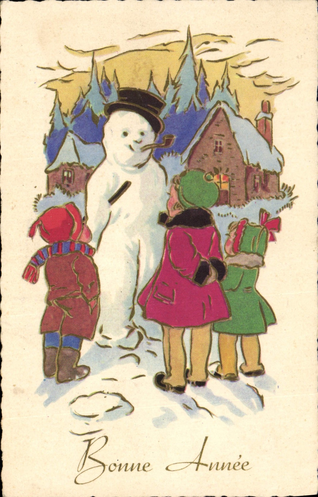 CPA Fantaisie Bonhomme de neige Enfants Bonne annee 