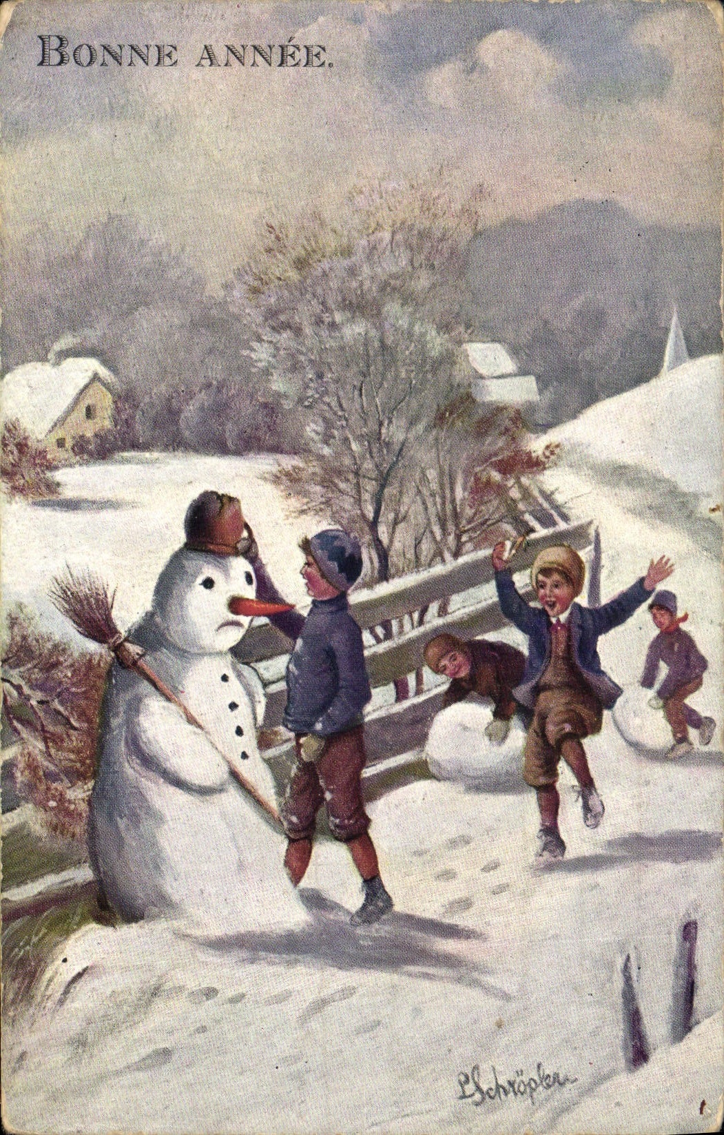 CPA Fantaisie Bonhomme de neige Enfants Bonne annee 
