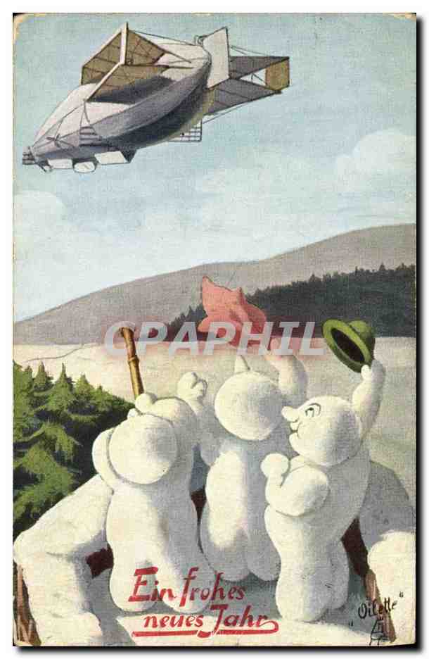 CPA Fantaisie Bonhomme de neige Enfant Zeppelin Dirigeable 