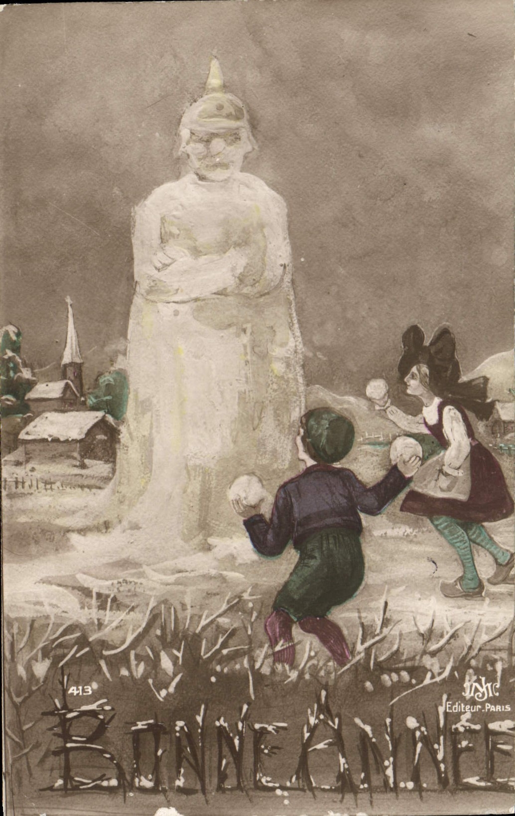 CPA Fantaisie Bonhomme de neige Enfants Alsace Militaria 