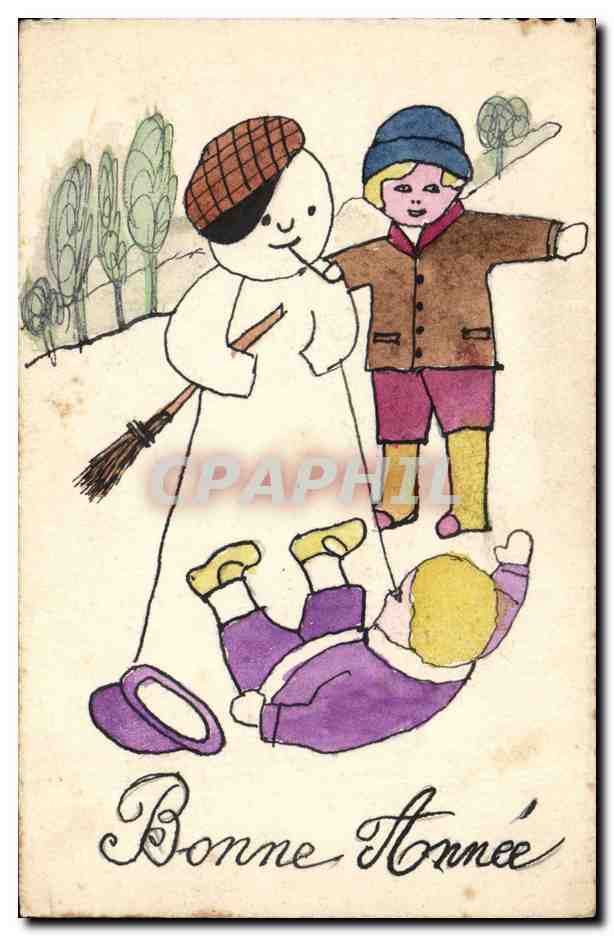 CPA Fantaisie Bonhomme de neige Enfants Bonne annee 