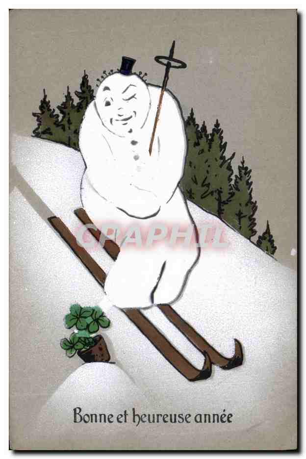 CPA Fantaisie Bonhomme de neige Enfant Ski 
