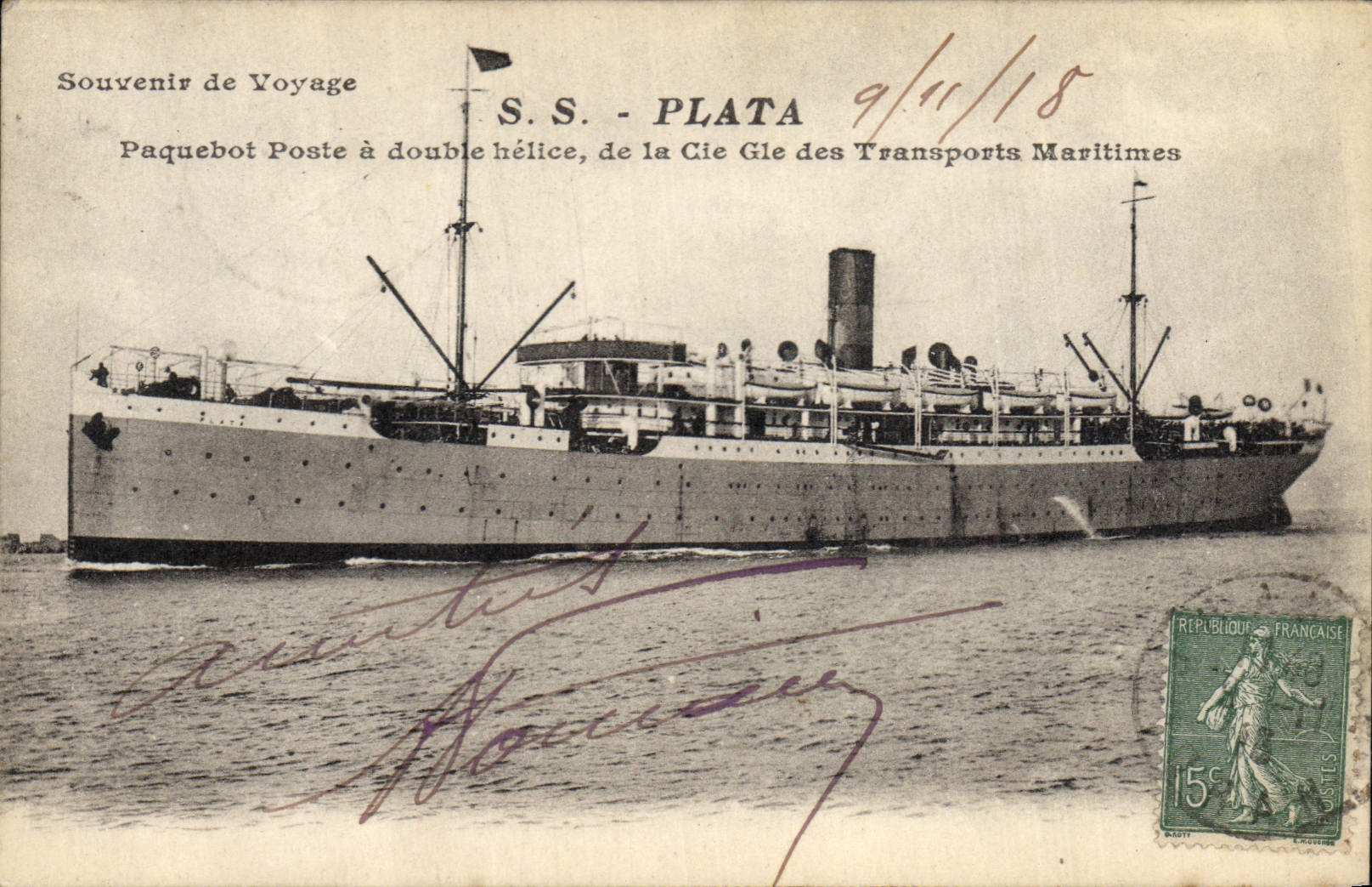 S.S. - PLATA — Paquebot Poste à double hélice, de la Cie Gie des Transports Maritimes — Souvenir de Voyage