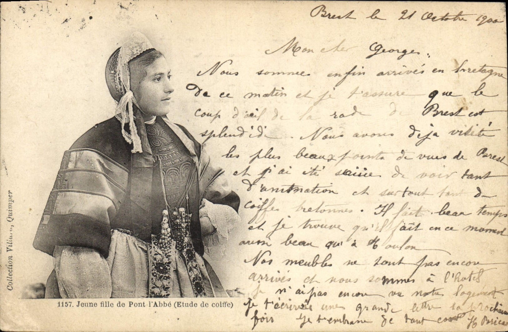 CPA Folklore Jeune fille de Pont l'Abbe Etude de coiffe 