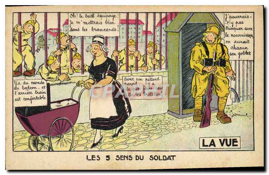 CPA Fantaisie Les cinq sens du soldat La vue Poussette Militaria 