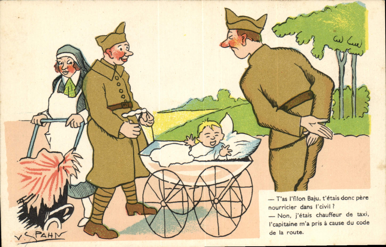 Soldat et femme avec poussette — scène humoristique — V.S. PAHN