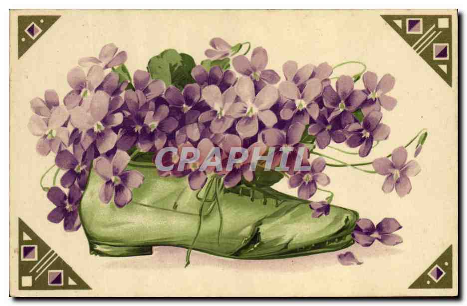 Violettes dans une chaussure — éditeur non visible, n° de série non lisible