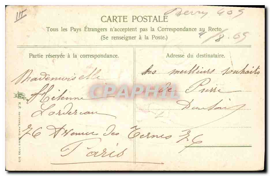 Fleurs de rose dans un soulier — Souvenir affectueux — K.F. ÉDITIONS, Paris — Verso