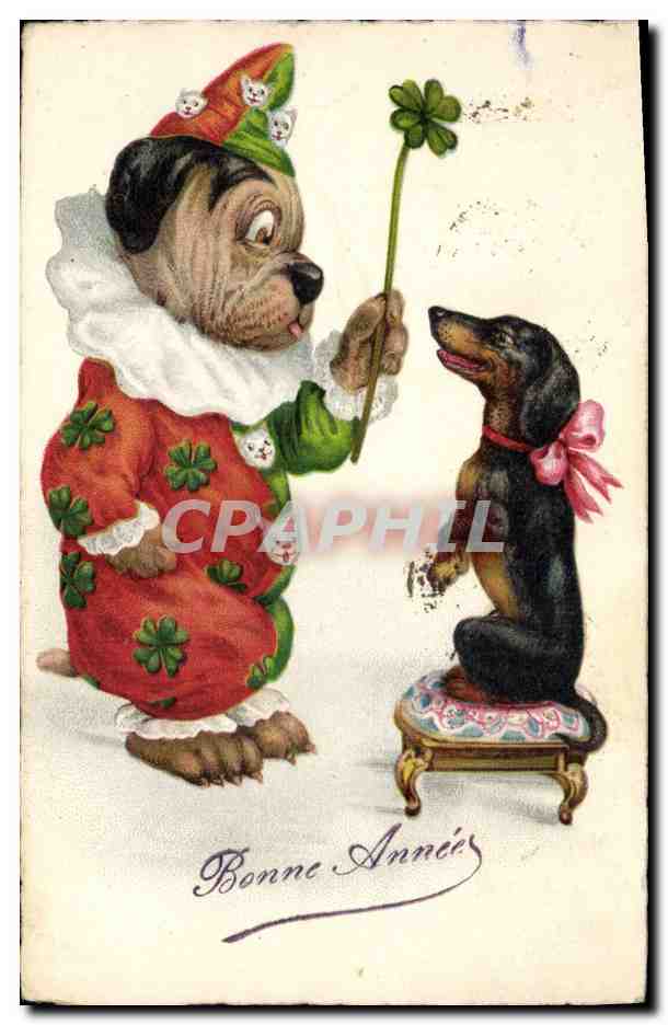 CPA Fantaisie Illustrateur Chien Chiens Trefle 