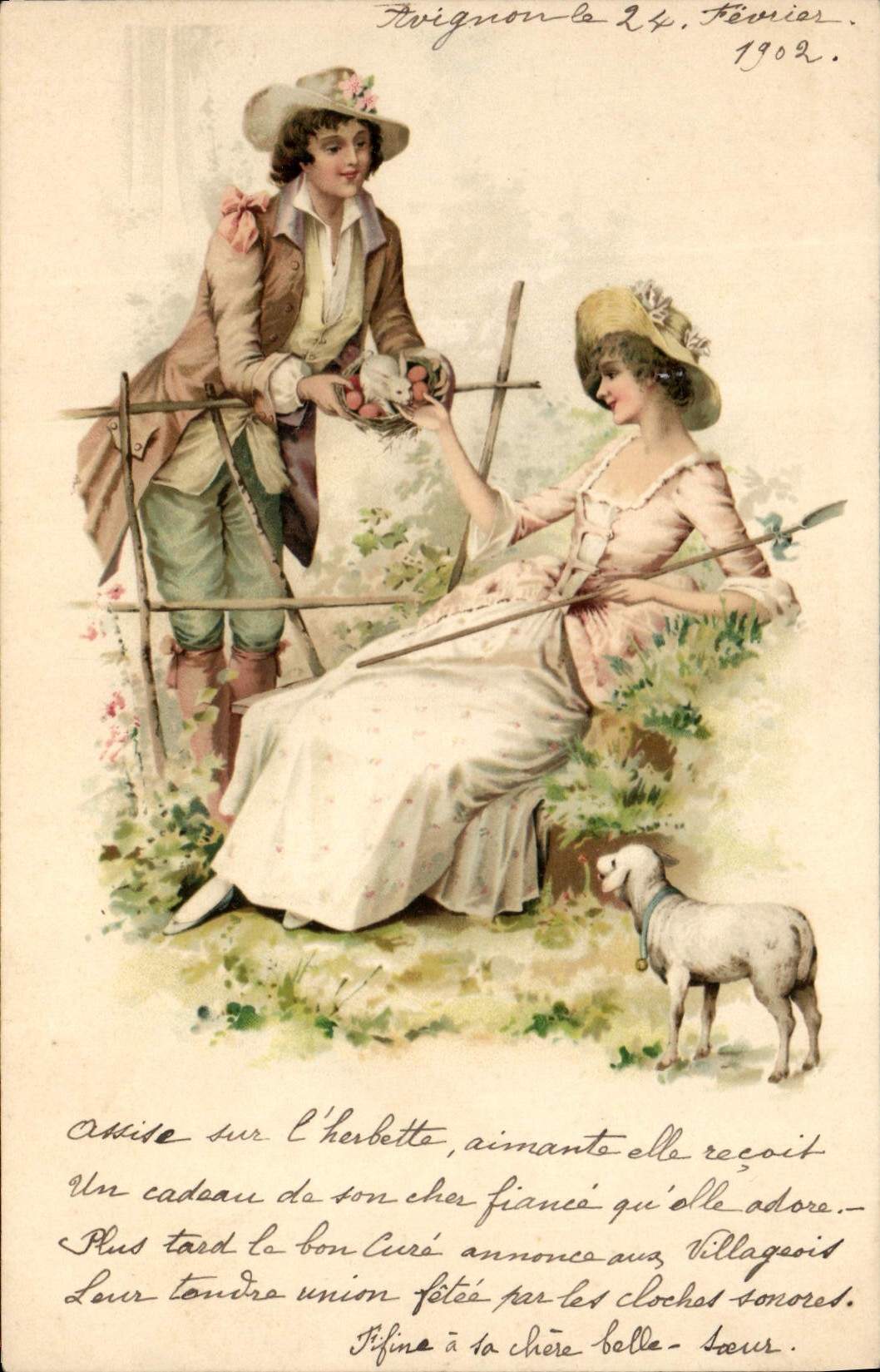 CPA Fantaisie Illustrateur Femme Agneau 