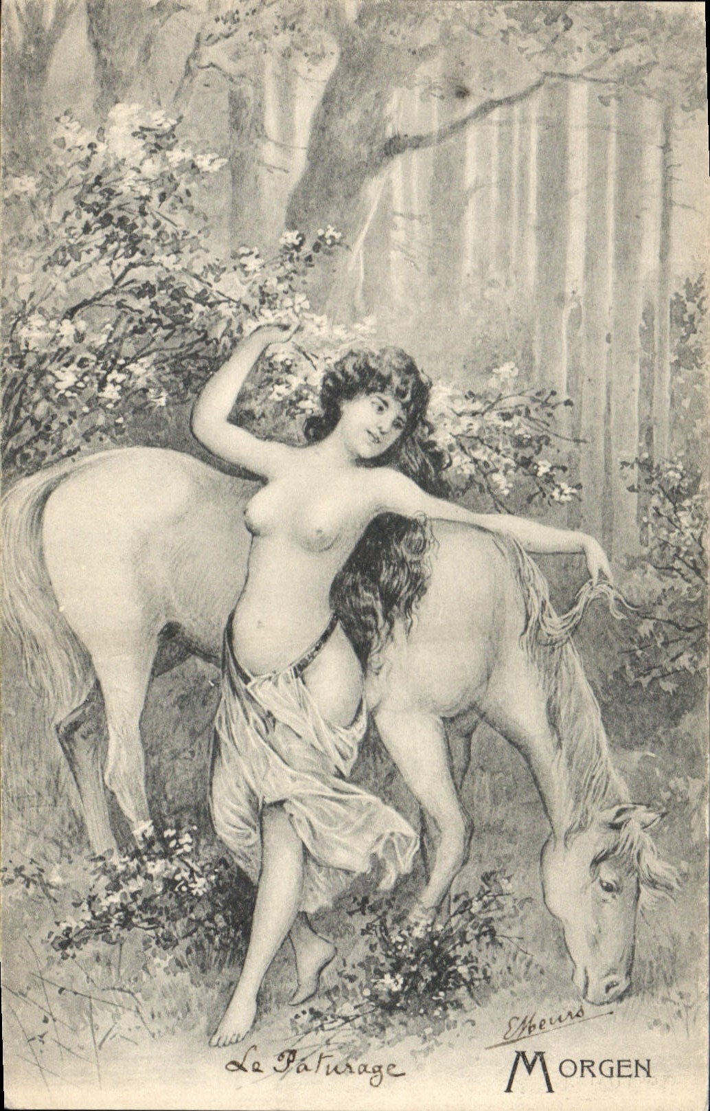CPA Fantaisie Illustrateur Femme Cheval le paturage 