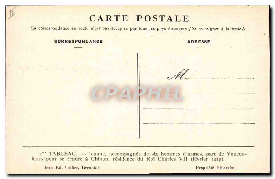 CPA Jeanne d'Arc accompagnee de six hommes d'armes part de Vaucouleurs pour se rendre a Chinon  — Rückseite