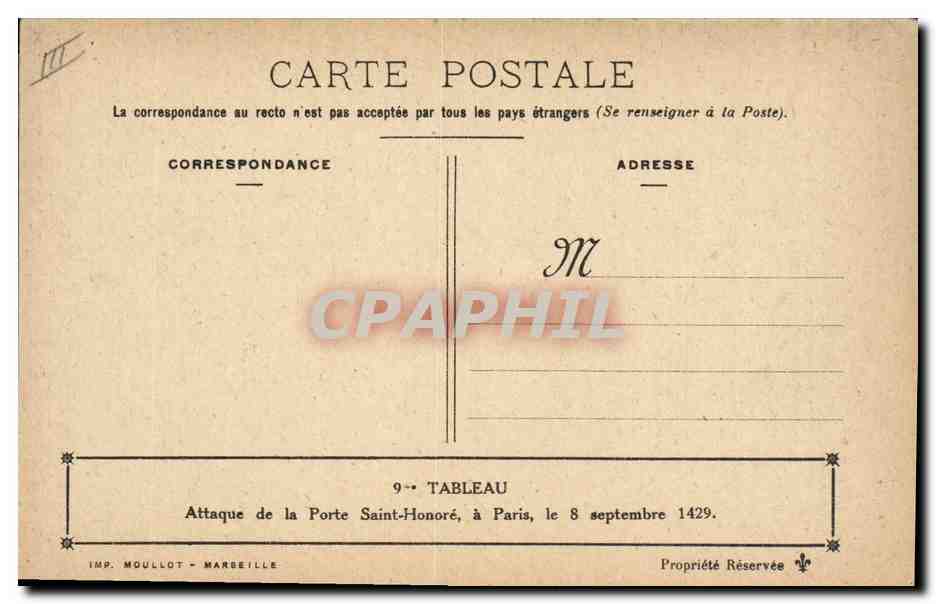 CPA Jeanne d'Arc Attaque a la porte Saint Honore a Paris Moulin a vent  — Rückseite