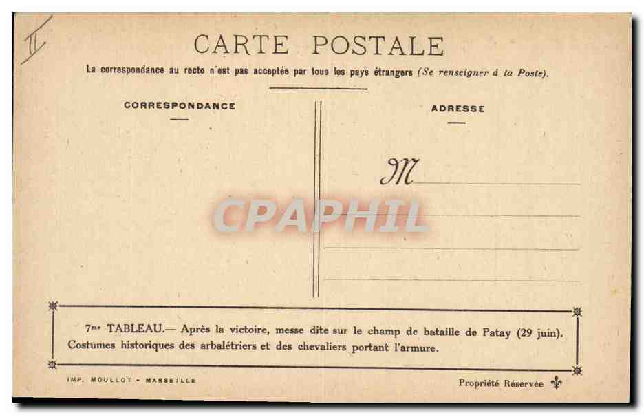 CPA Jeanne d'Arc Apres la victoire messe dite sur le champ de bataille de Patay  — Rückseite