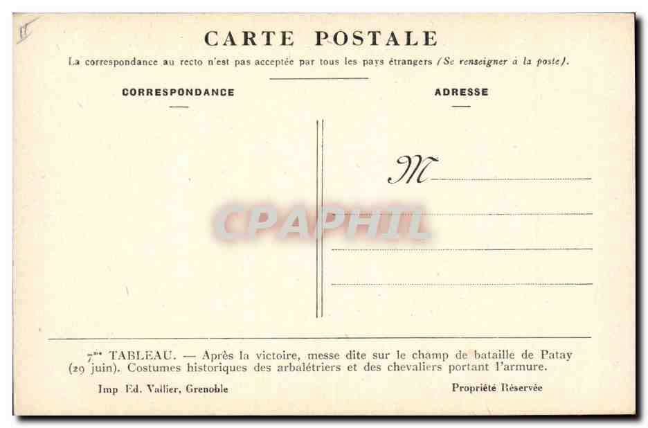 CPA Jeanne d'Arc Apres la victoire messe dite sur le champ de bataille de Patay  — Rückseite
