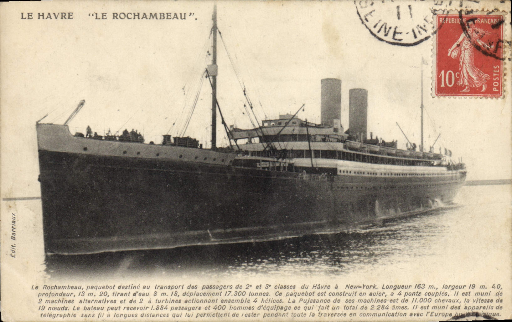Le Havre — Le paquebot 'Le Rochambeau' — Edit. Barriaux