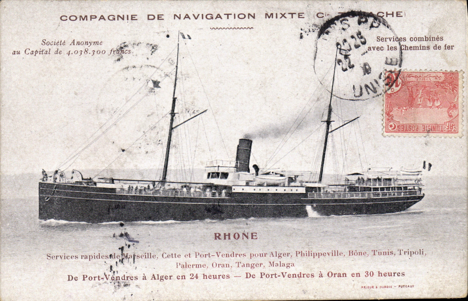 Navire RHÔNE — Compagnie de Navigation Mixte — Éditeur Prieur & Dourois, Puteaux
