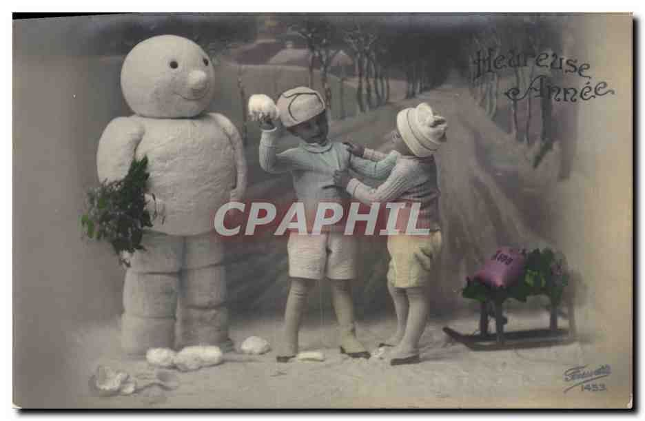 CPA Fantaisie Bonhomme de neige Enfants Luge 