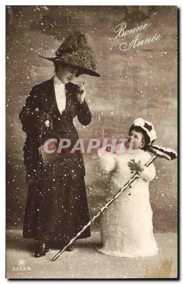 CPA Fantaisie Bonhomme de neige Enfant Femme 