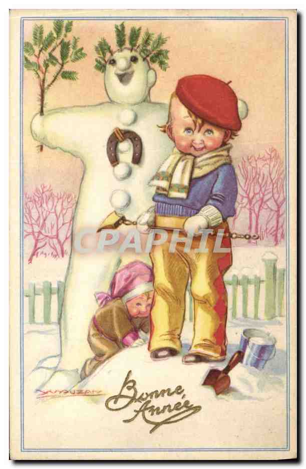 CPA Fantaisie Bonhomme de neige Enfant Bonne annee 