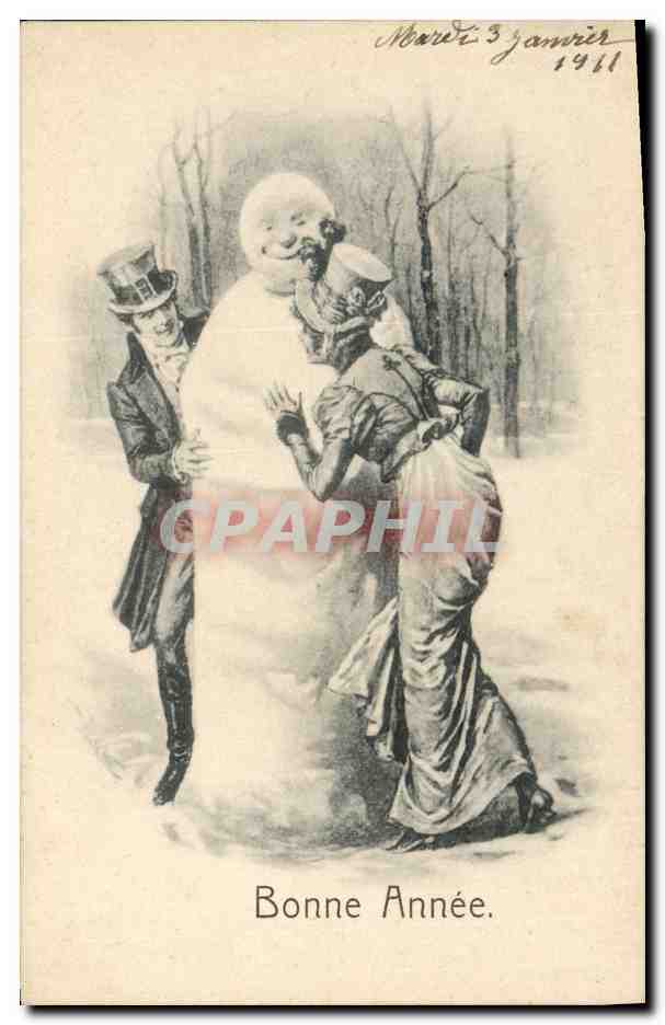 Deux personnages jouant avec un bonhomme de neige — Bonne Année 1911 — éditeur non visible