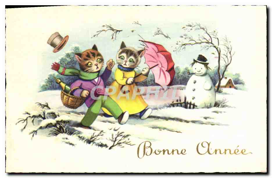 CPA Fantaisie Bonhomme de neige Chat Chats 