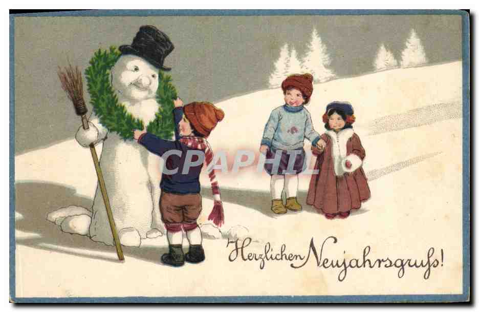 Kinder, die mit einem Schneemann spielen — Serie H.W.B. Nr. 231 — Verlag H.W.B. SER 4235