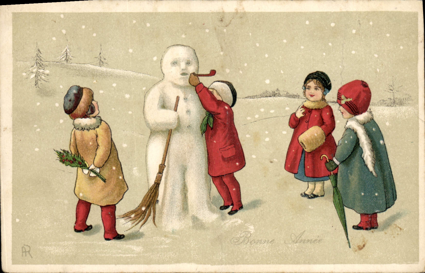 CPA Fantaisie Bonhomme de neige Enfants 