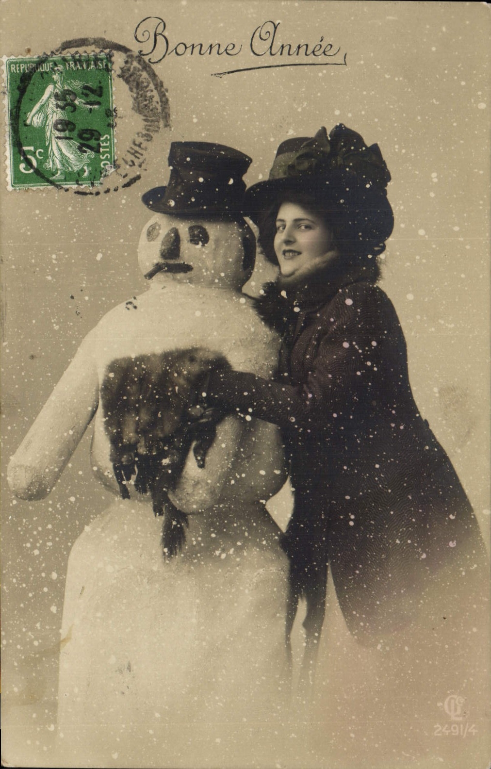 CPA Fantaisie Bonhomme de neige Femme Bonne annee 
