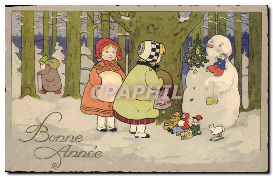 CPA Fantaisie Bonhomme de neige Enfants Bonne annee 