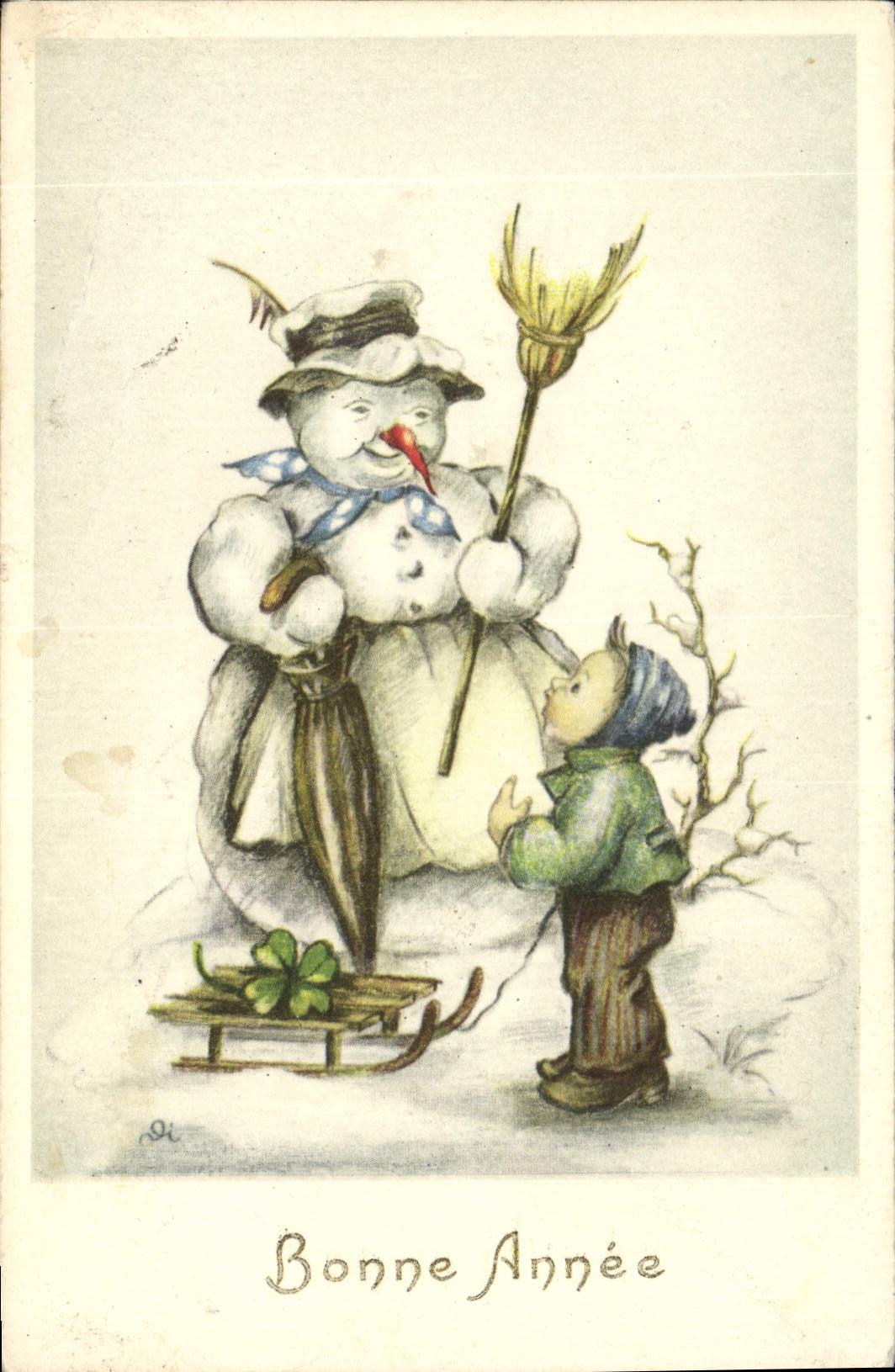 CPA Fantaisie Bonhomme de neige Enfant Luge 