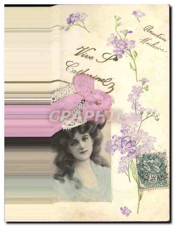 Femme au chapeau rose — carte postale décorée de fleurs violettes — éditeur Amateurs Machine, n°3