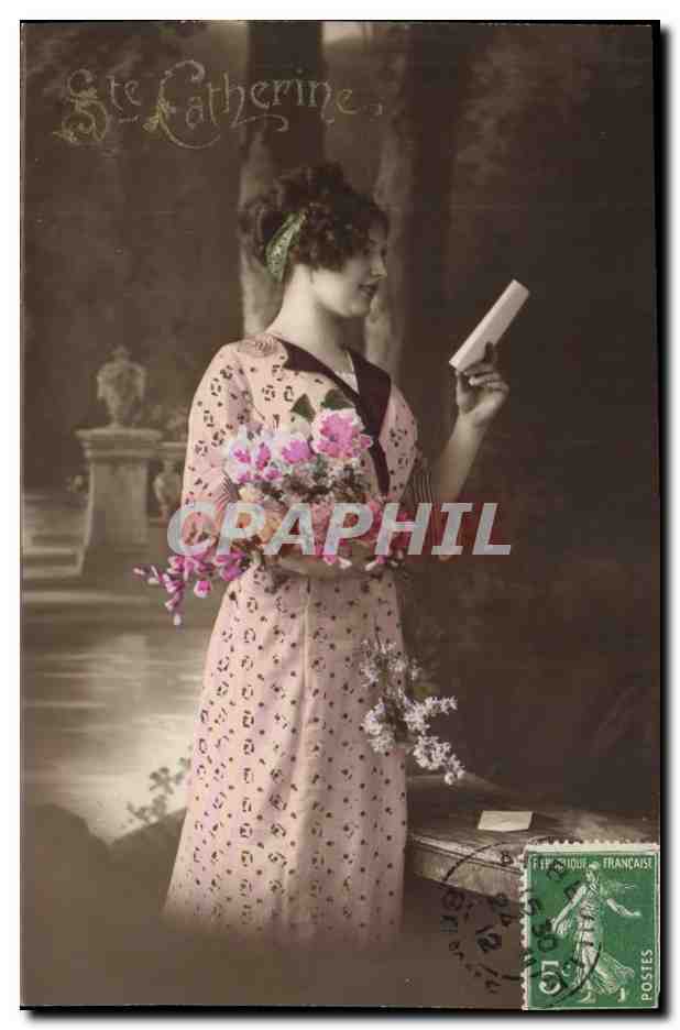 Sainte-Catherine — jeune femme en robe rose tenant un bouquet et un livre — éditée par Ch. Fontaine