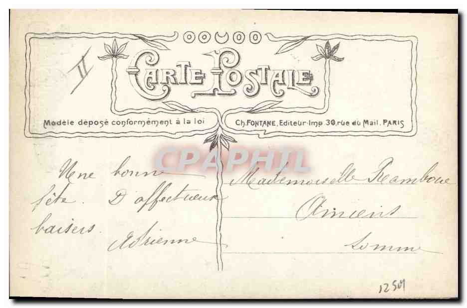 Sainte-Catherine — jeune femme en robe rose tenant un bouquet et un livre — éditée par Ch. Fontaine — Verso