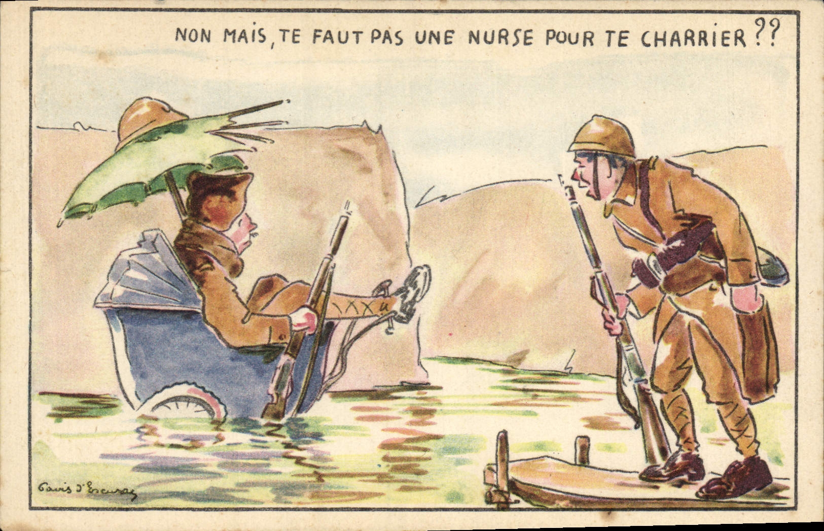 Soldat et femme en charrette — caricature militaire — Paris d'Ereuras, série M-60