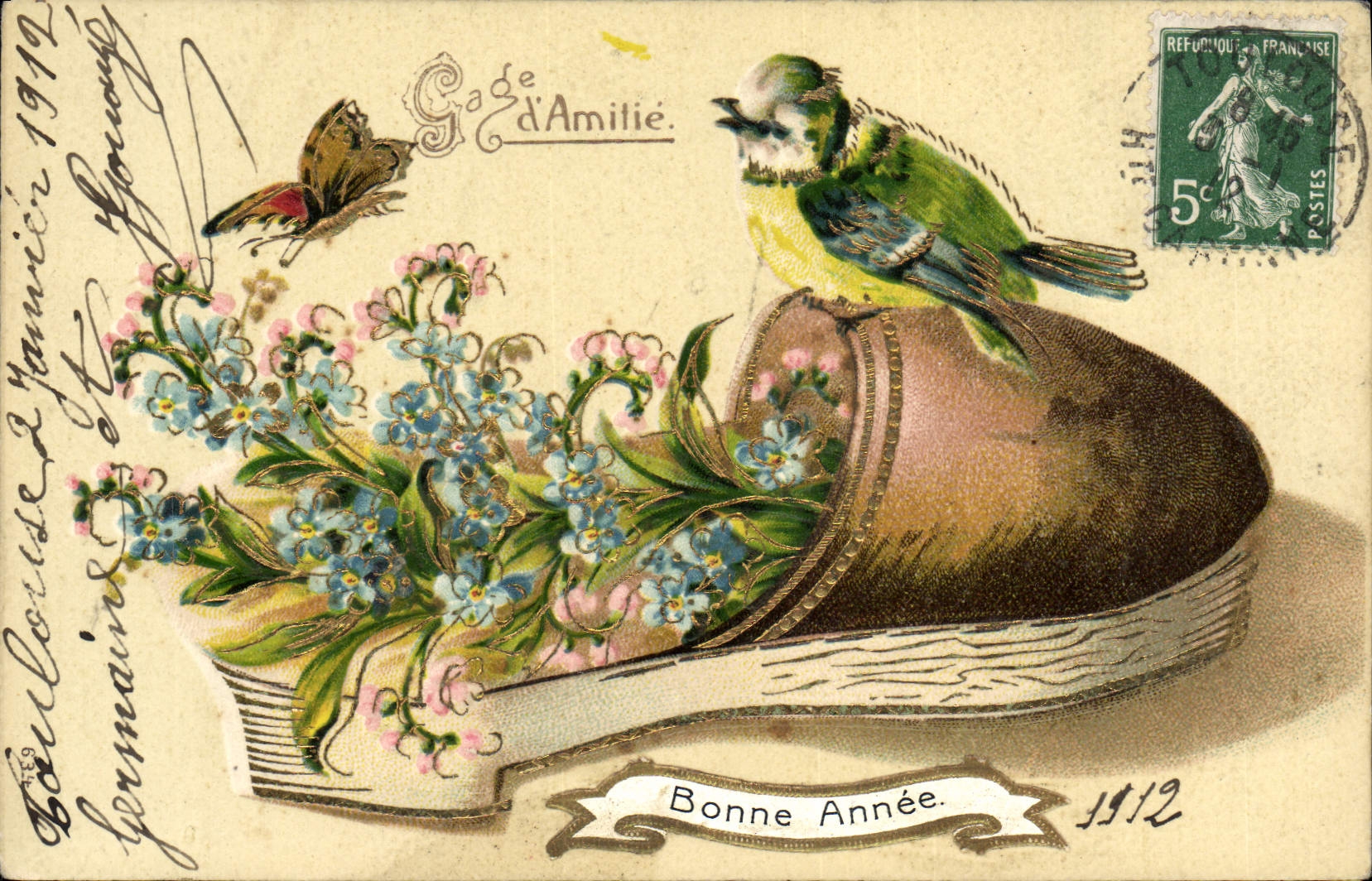 Oiseau et fleurs dans un sabot — Gage d'Amitié — Bonne Année 1912 — Éditeur non visible